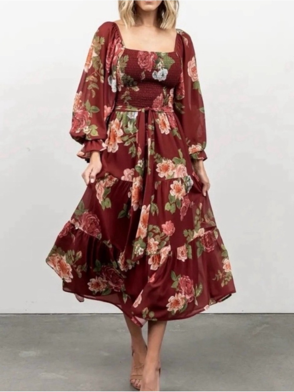 Baltic Born Burgundy Floral Smocked Midi Dress